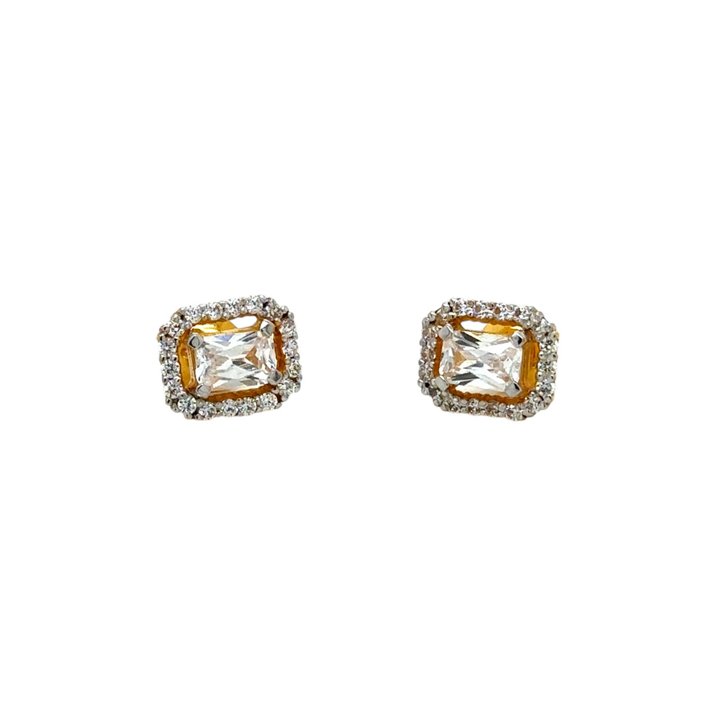 Gold Stud Earrings with Emerald-Cut Stone and Halo Design