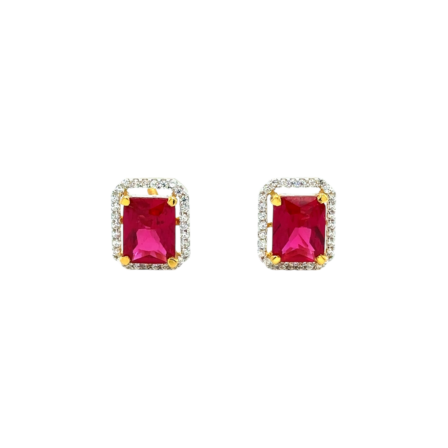 Gold Ruby Stud Earrings with Halo Design