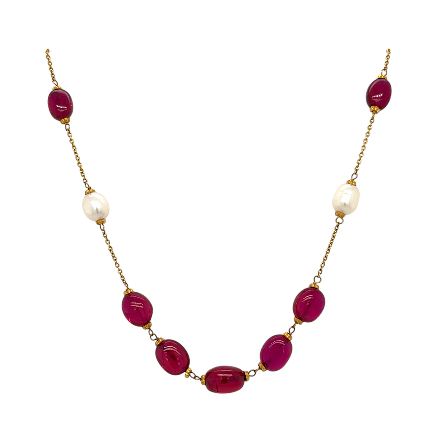 Gold-Tone Ruby Stone Chain with Pearl Highlights