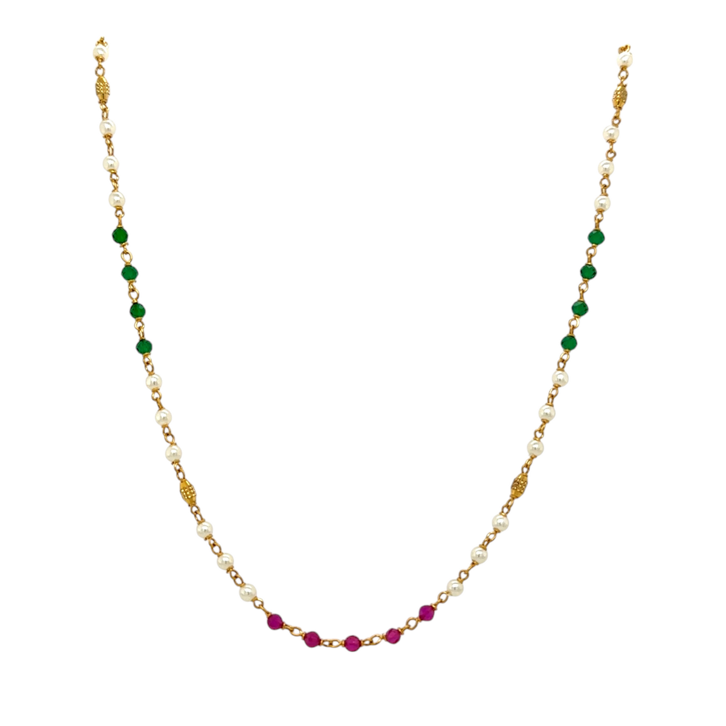 Gold Chain with Colorful Gemstone and Pearl Accents
