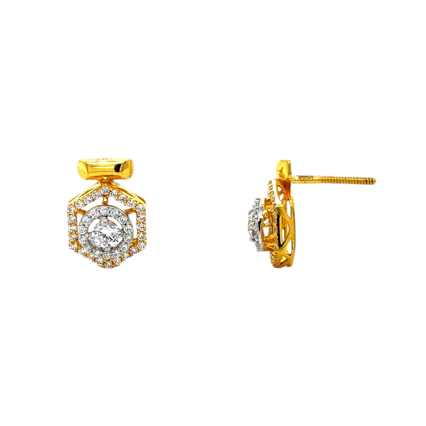 Hexagonal Gold Stud Earrings with Sparkling Accents