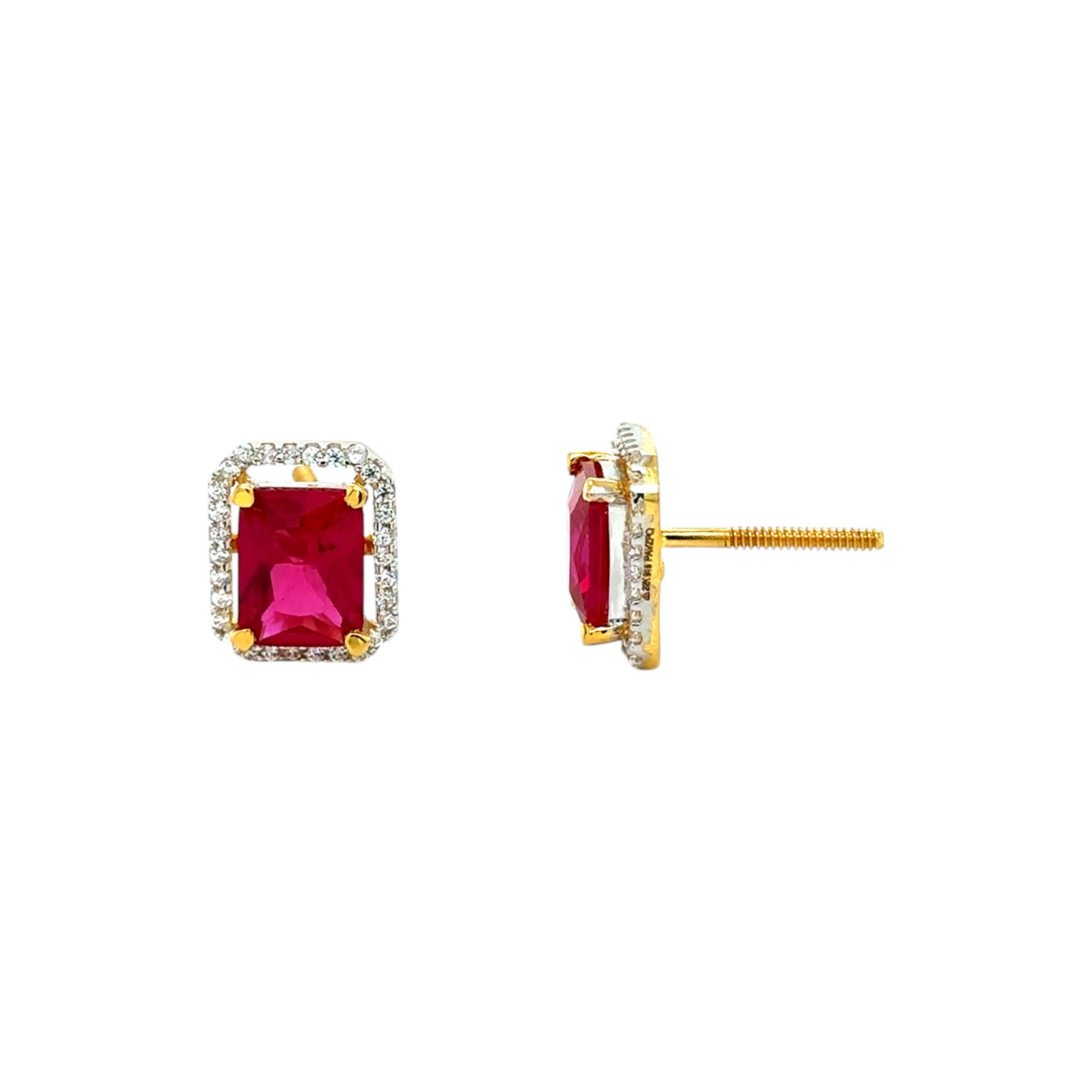 Gold Ruby Stud Earrings with Halo Design