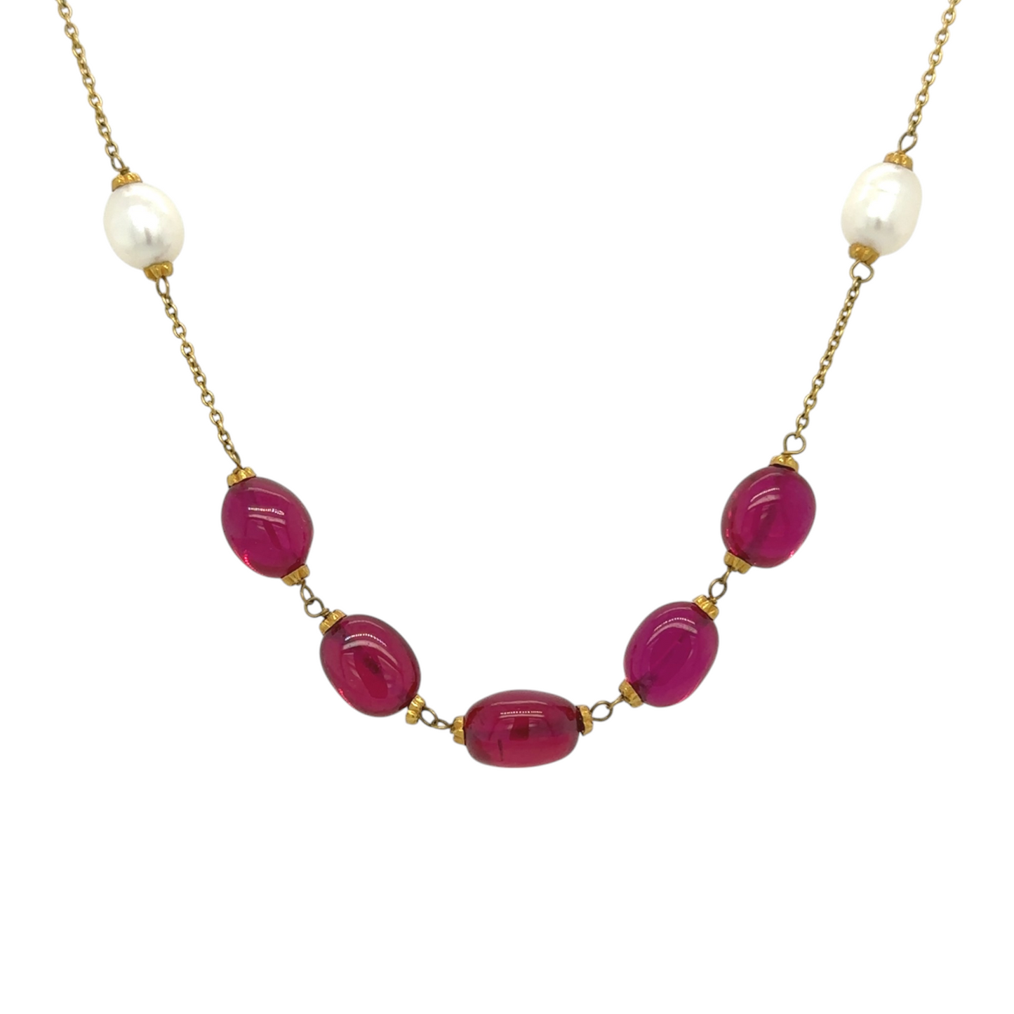 Gold-Tone Ruby Stone Chain with Pearl Highlights