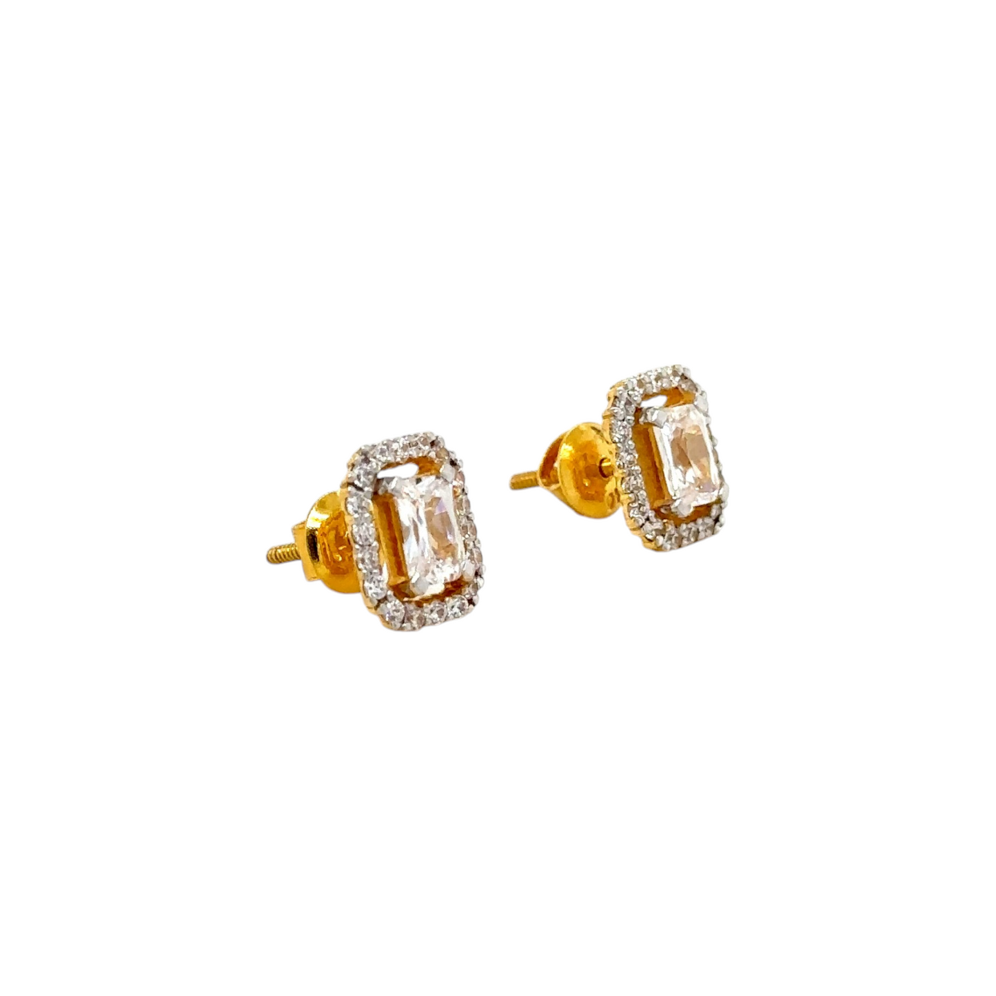 Gold Stud Earrings with Emerald-Cut Stone and Halo Design