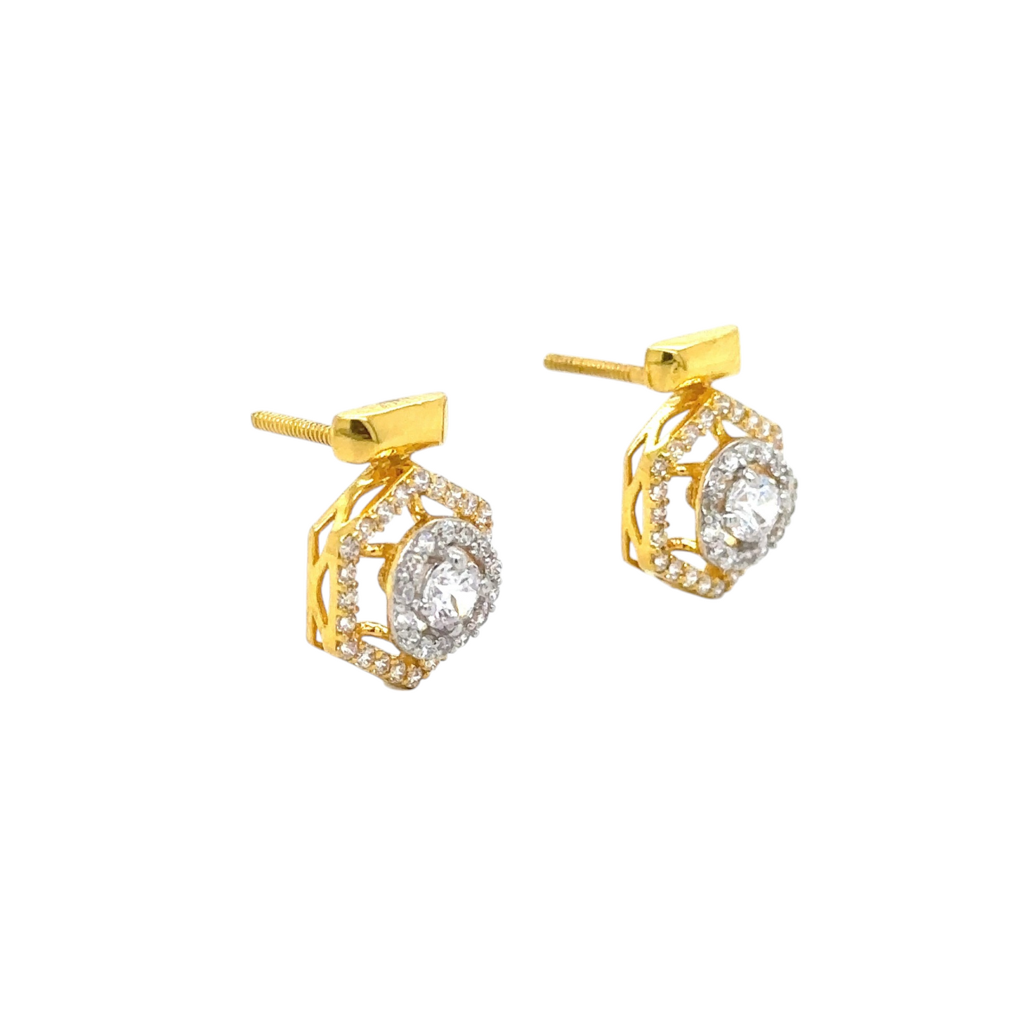 Hexagonal Gold Stud Earrings with Sparkling Accents