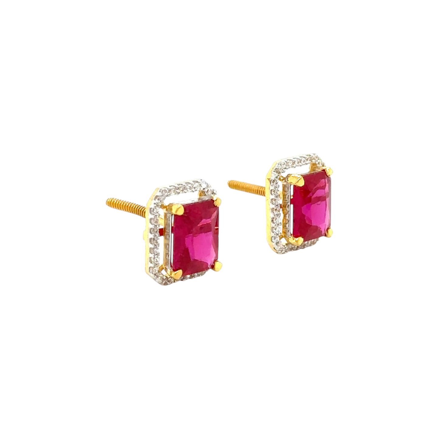 Gold Ruby Stud Earrings with Halo Design