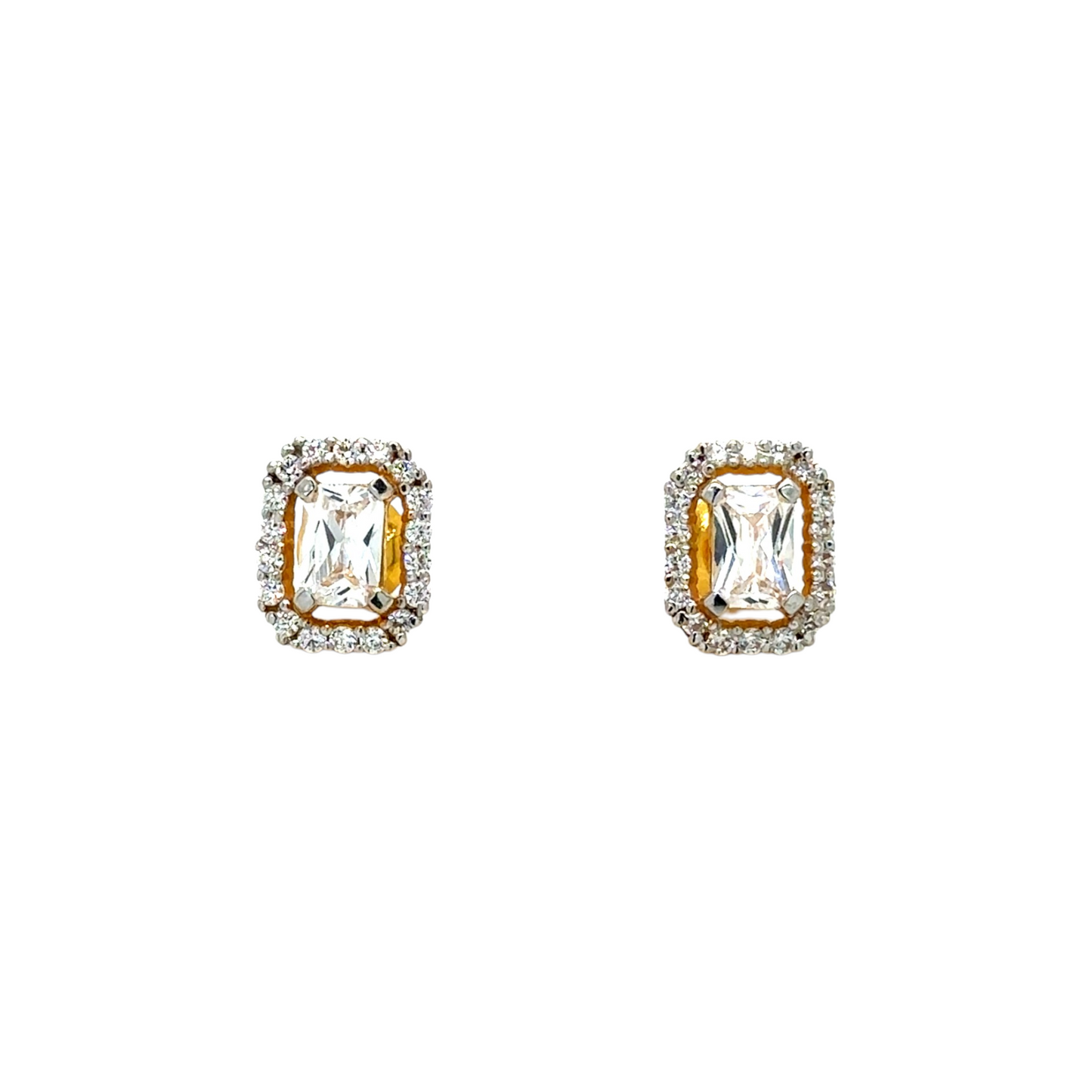 Gold Stud Earrings with Emerald-Cut Stone and Halo Design