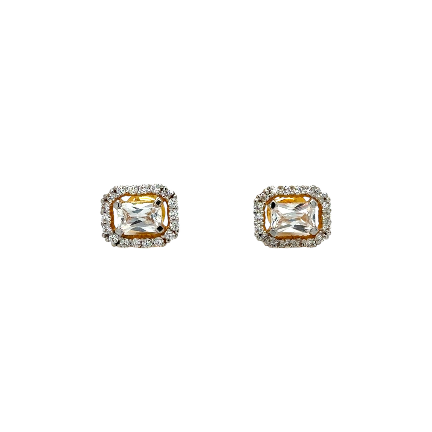 Gold Stud Earrings with Emerald-Cut Stone and Halo Design
