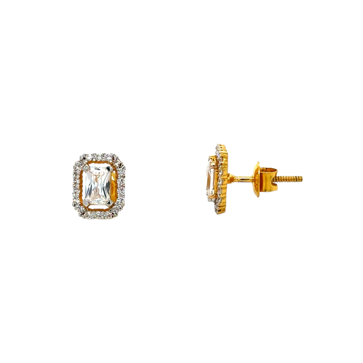 Gold Stud Earrings with Emerald-Cut Stone and Halo Design