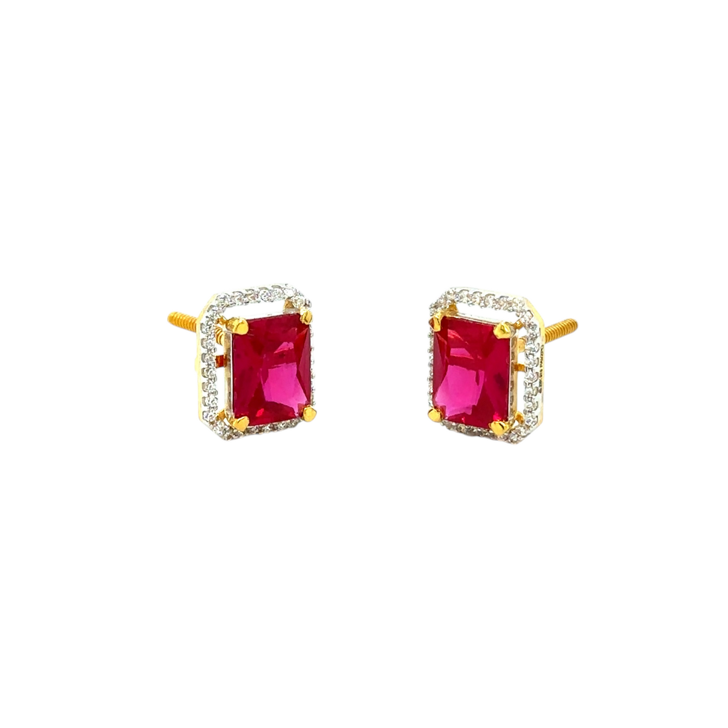 Gold Ruby Stud Earrings with Halo Design
